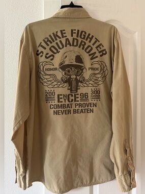 Ecko Unltd EYE96 Strike Fighter Squadron Button Front Shirt XL Military Graphic